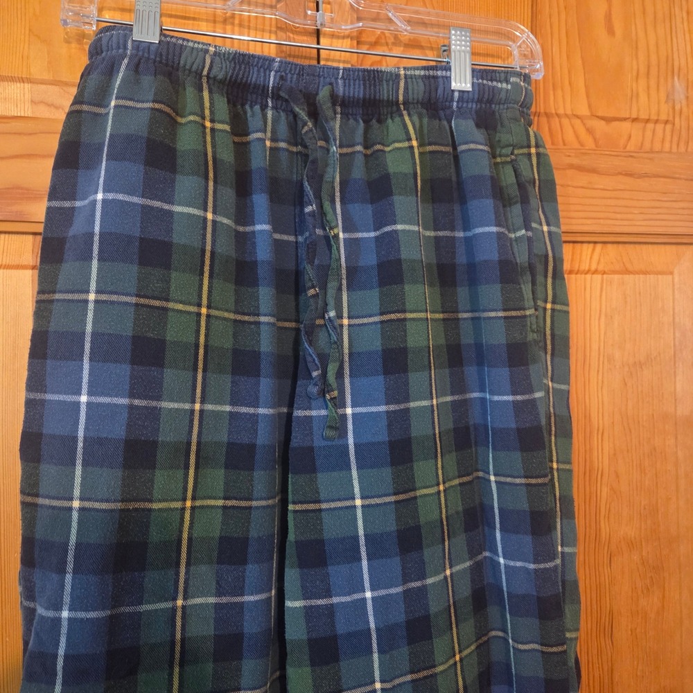 LL Bean Mens Small Regular Flannel Pajama Pants Green Blue Plaid Cotton